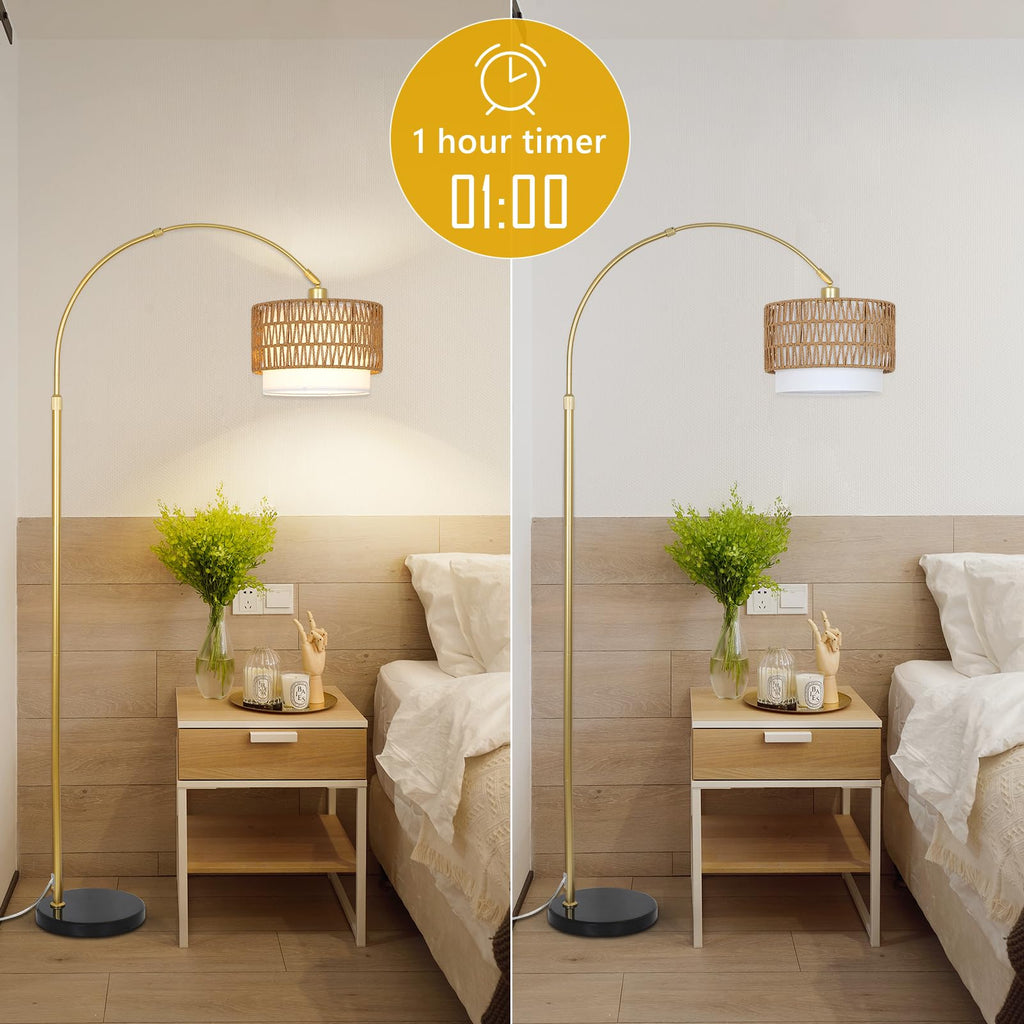Arc Floor Lamp with Rattan & Linen Shades, Gold Floor Lamp with Remote & Dimming Bulb, Rustic Standing Lamp with 3