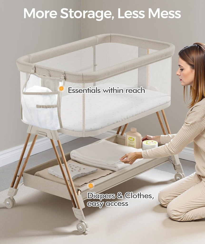 Baby Bassinets Bedside Sleeper - 3-in-1 Baby Bassinet with Wheels, Soft Mattress, Storage Tray, Full-Mesh Sides