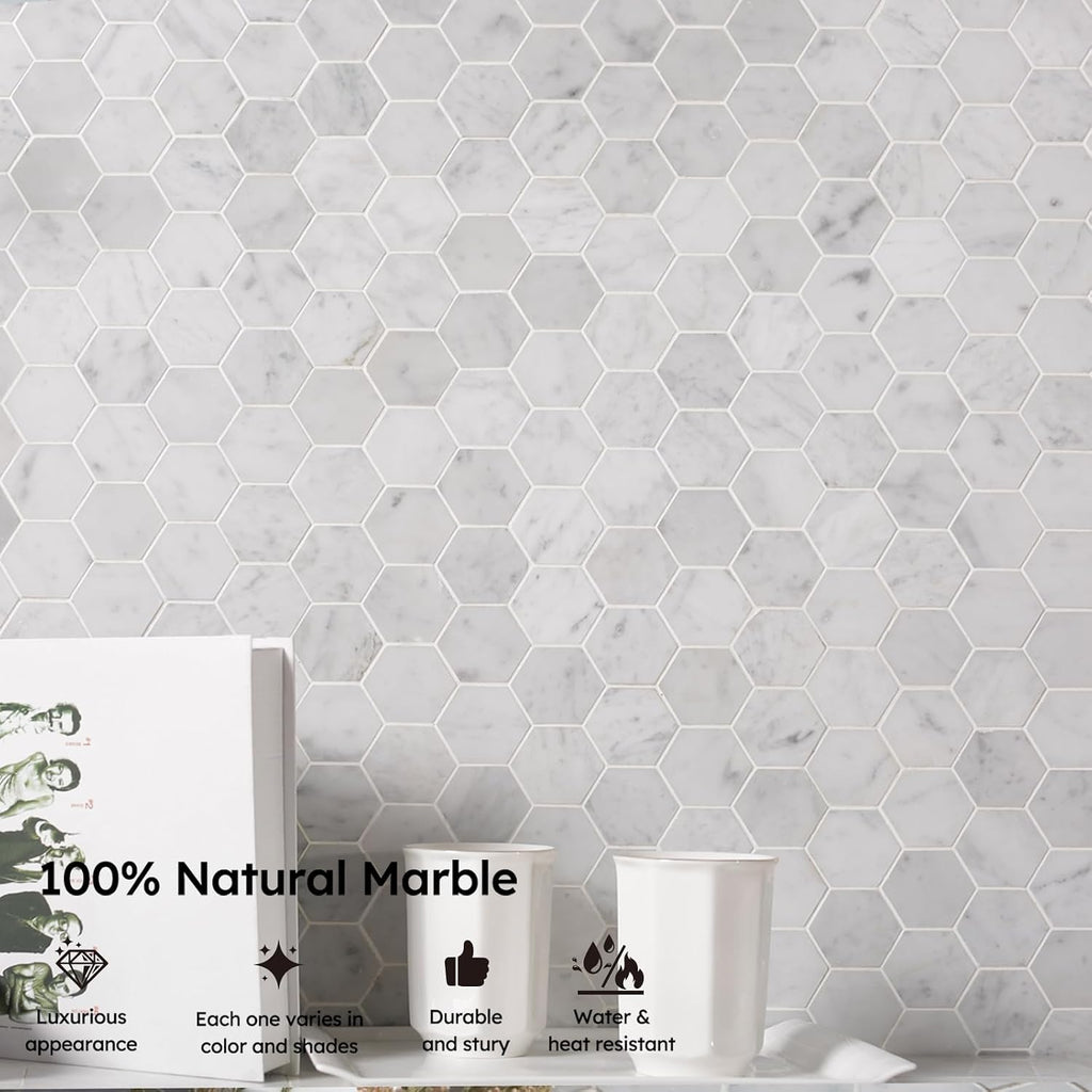 Carrara White Marble Mosaic Tile, 2 Inch Hexagon, Matte, Italian Bianco Carrera Marble Backsplash Bathroom Wall