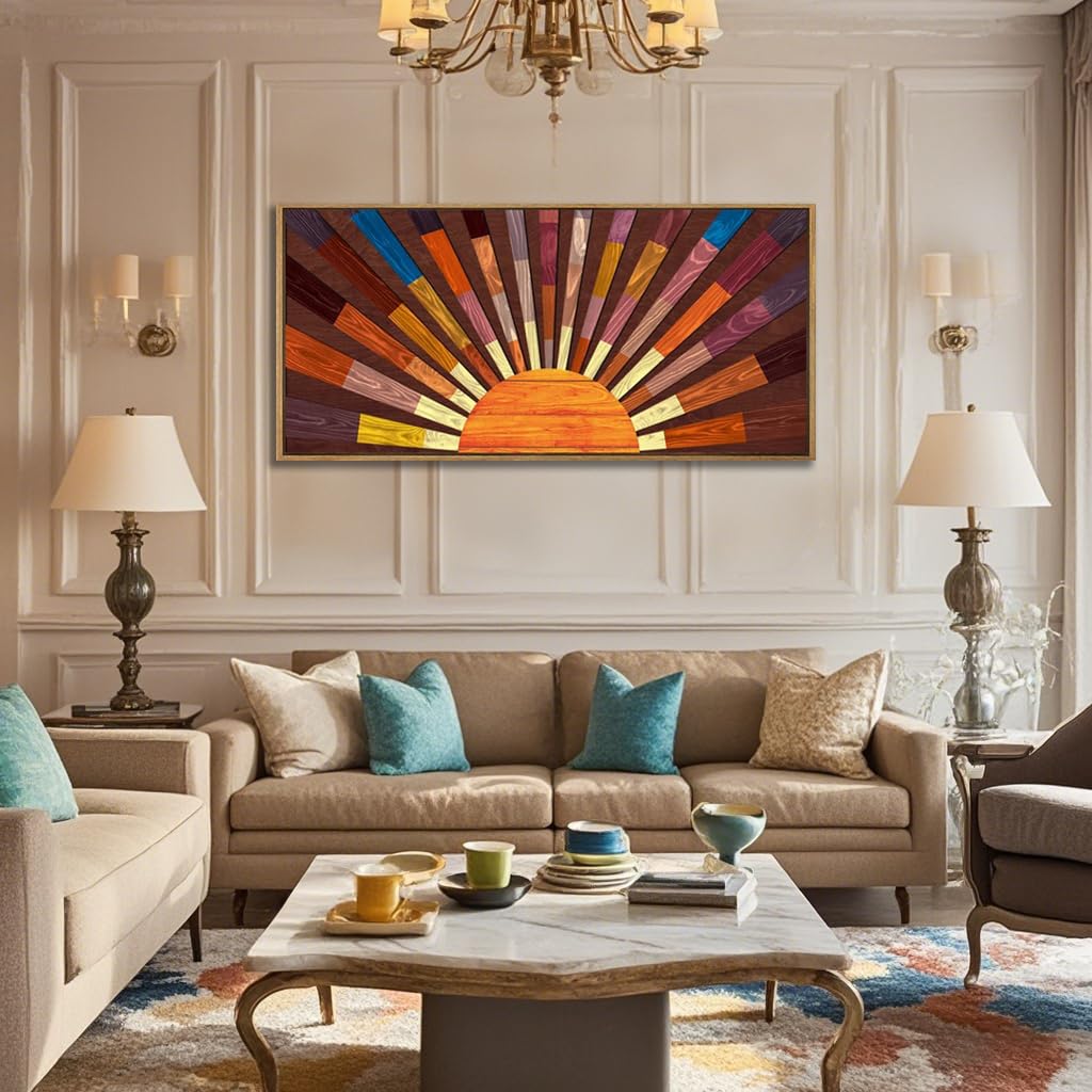 Extra Large Wood Sun Framed Wall Art 20x40 Inch Boho Sunrise 3D Geometric Wall Decor Mid century Sunshine Painting
