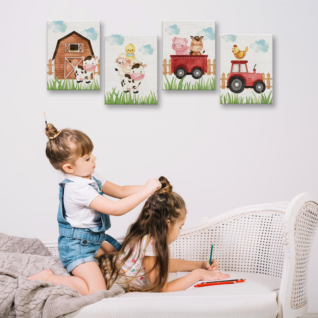 Watercolor Farmhouse Nursery Decor Canvas Wall Art Farm Cute Animal Chicken Cow Pig Wall Decor Artwork Poster Prints