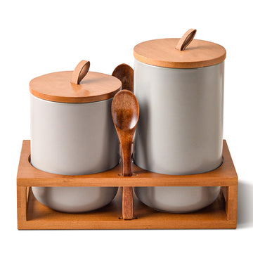 Gray Ceramic Canister Set of 2 with Bamboo Lids, Wooden Stand & Spoons - 35oz & 28oz Airtight Food Storage Jars for