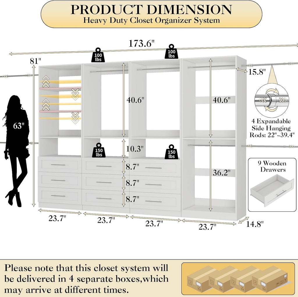 Closet System with 4 Sets, 8-21FT Closet Organizer System with 9 Drawers & 6 Shelves & 8Hanging Rods, Custom L-Shaped