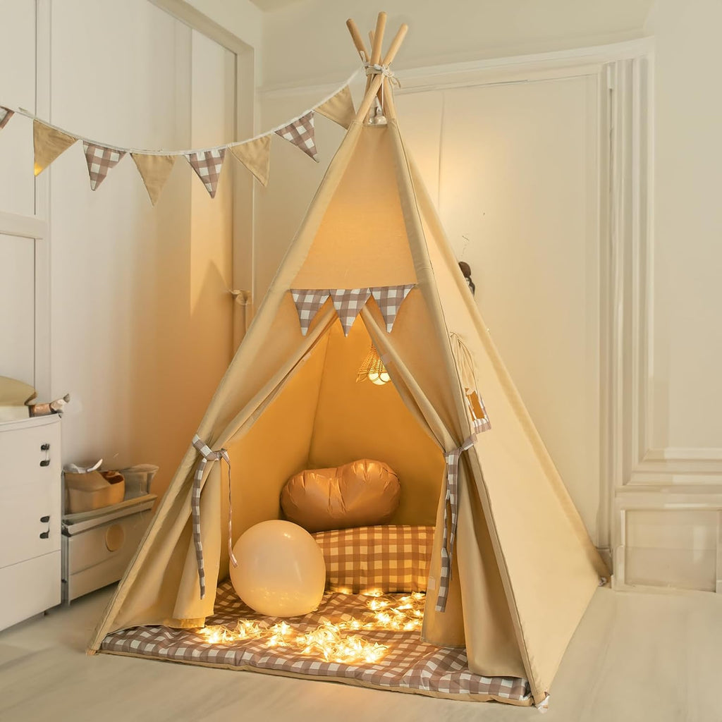 Teepee Tent with Padded Mat Bunting Banner Fairy Lights - Print Gingham Kids Play Tent with Carry Bay for Indoor