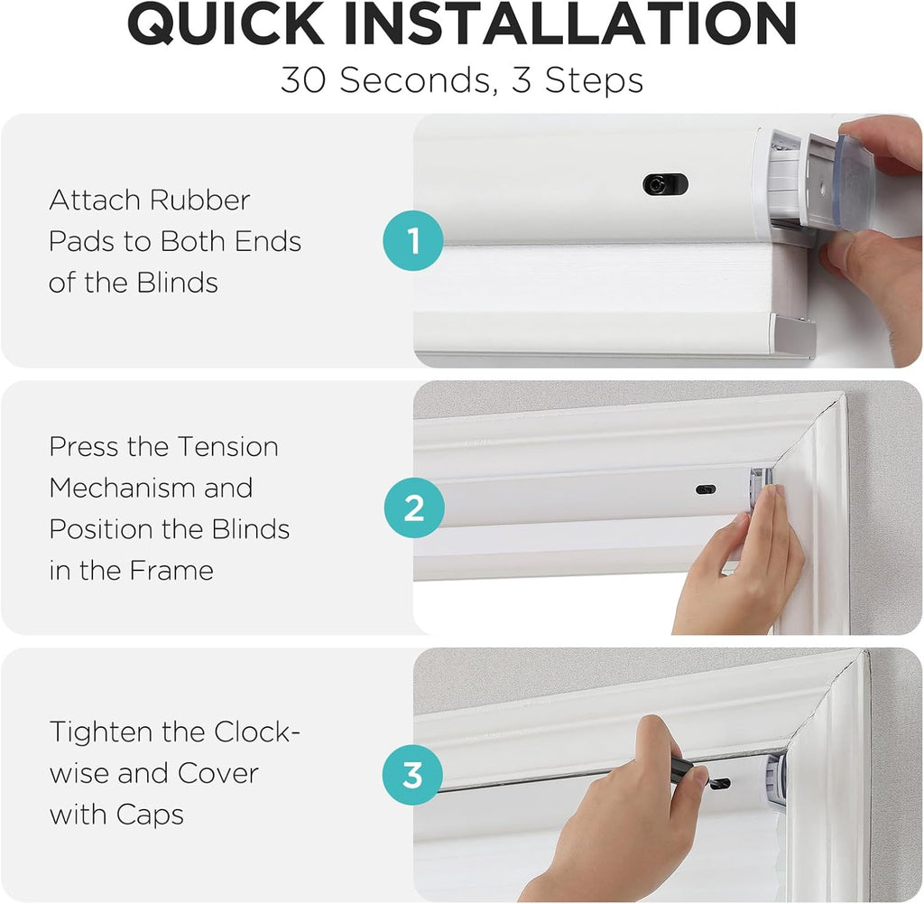 No Drill Light Filtering Cellular Shades, White, | Thermal Insulating, No Drill Blinds for Windows, Light Filtering