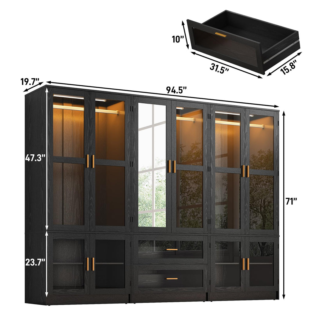 6 Doors Armoire Wardrobe Closet with LED and Mirror, 71" H Freestanding Wooden Wardrobe Closet Cabinet w 2