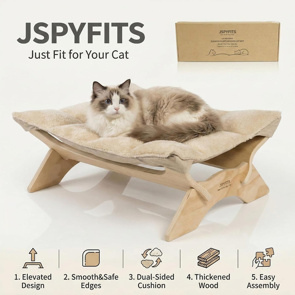 Elevated Cat Bed Hammock, Raised Cat Bed with Dual-Sided Plush & Linen Cushion, Machine Washable & Breathable Cover