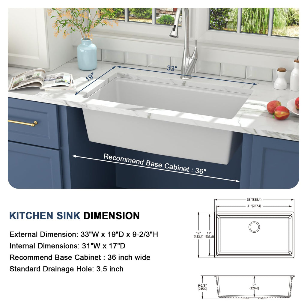 33 Inch White Kitchen Sink Undermount Composite Granite Quartz Single Bowl Workstation 33x19x10 Inch Under Counter