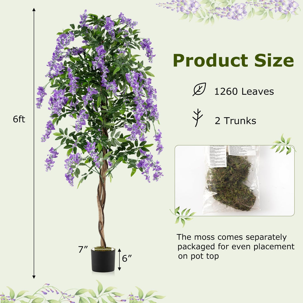 6FT Ficus Artificial Tree, 2 Pack Faux Wisteria Tree Pot with Purple Lifelike Flowers, Fake Potted Tree Greenery