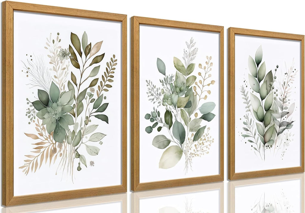 Sage Green Botanical Wall Art Set of 3, Modern Watercolor Eucalyptus Leaf Canvas Prints, Minimalist Boho Floral Wall