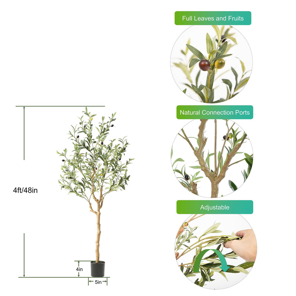 Tall Faux Olive Tree, 4Ft(48in) Realistic Texture Potted Silk Artificial Olive Tree, Fake Olive Trees Indoor Outdoor