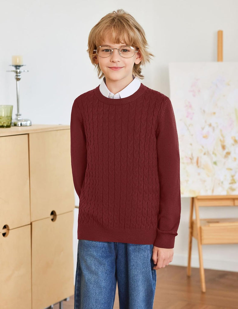 Boys Sweater Long Sleeve Cable Knit Crewneck Pullover Winter Tops