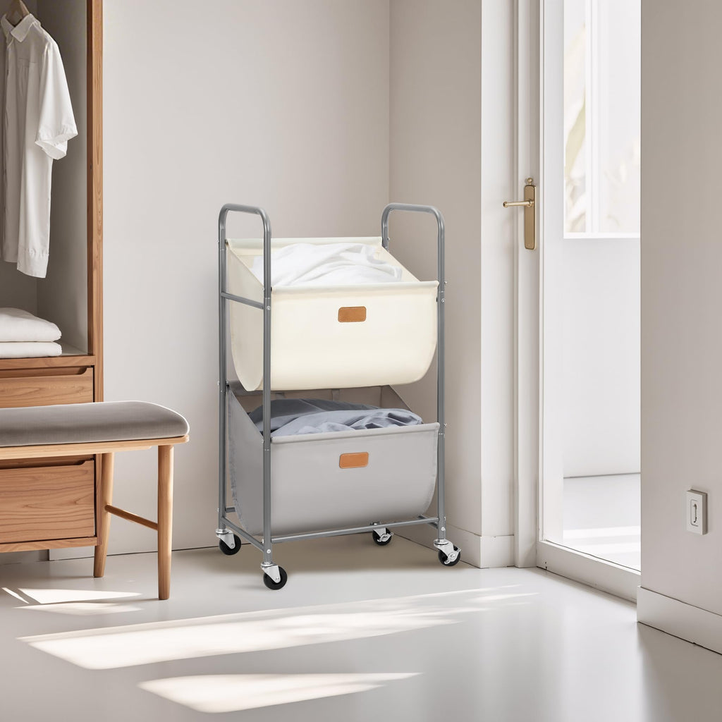 80 Liters Vertical Rolling Laundry Hamper, 2 Section Laundry Sorter with Wheels and 2 Breaks, 2-tier Laundry Baskets