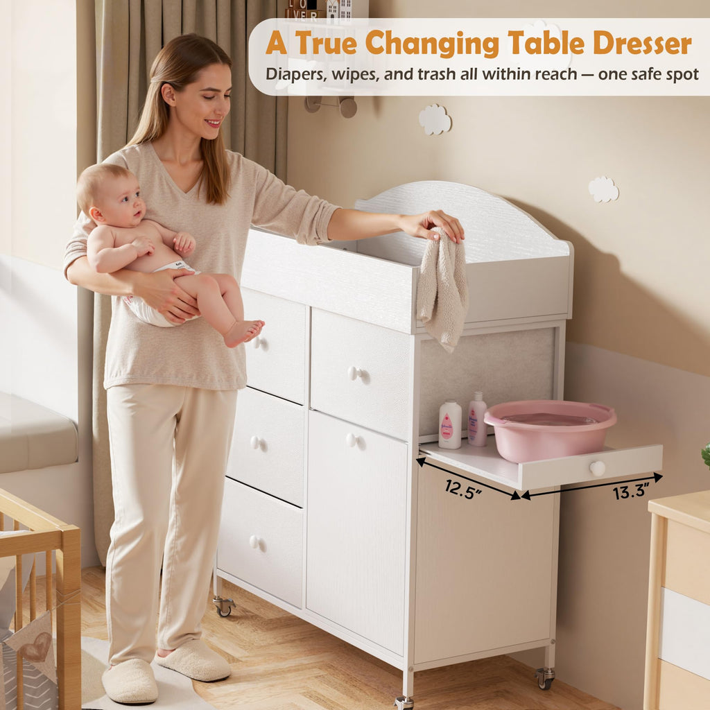 Baby Dresser with Changing Table Top, 4-Drawers Changing Table Dresser with Tile-Out Trash Cabinet and Pull-Out
