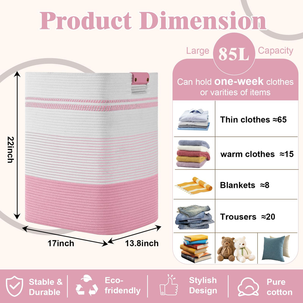 Laundry Hamper, 85L Tall Laundry Basket with Leather Handles, Rectangle Large Clothes Hamper for Organizing, Cotton