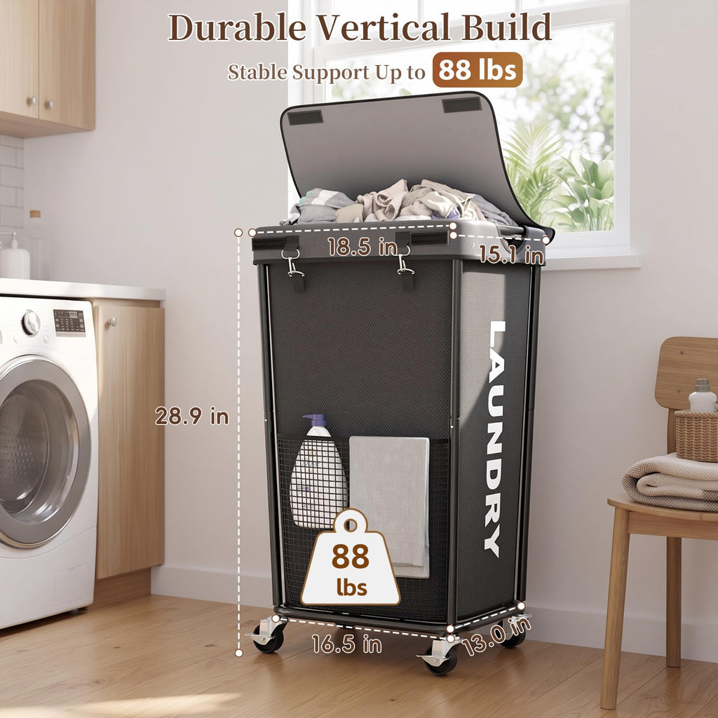Hamper with Wheels and Lid, 110L Large Rolling Laundry Basket Gray