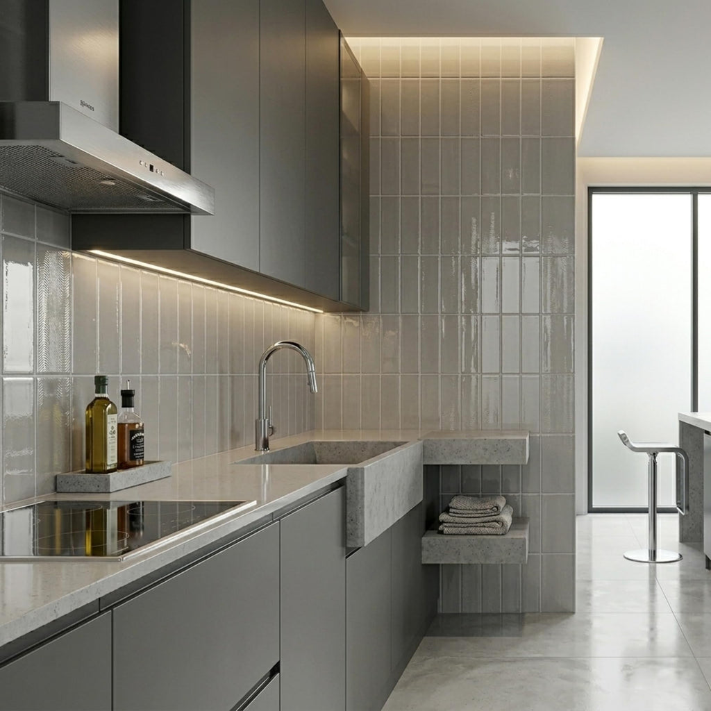 3x12 Gray Polished Ceramic Subway Tile, Fully Ribbed Textured Surface Backsplash Wall Tiles for Modern Kitchen