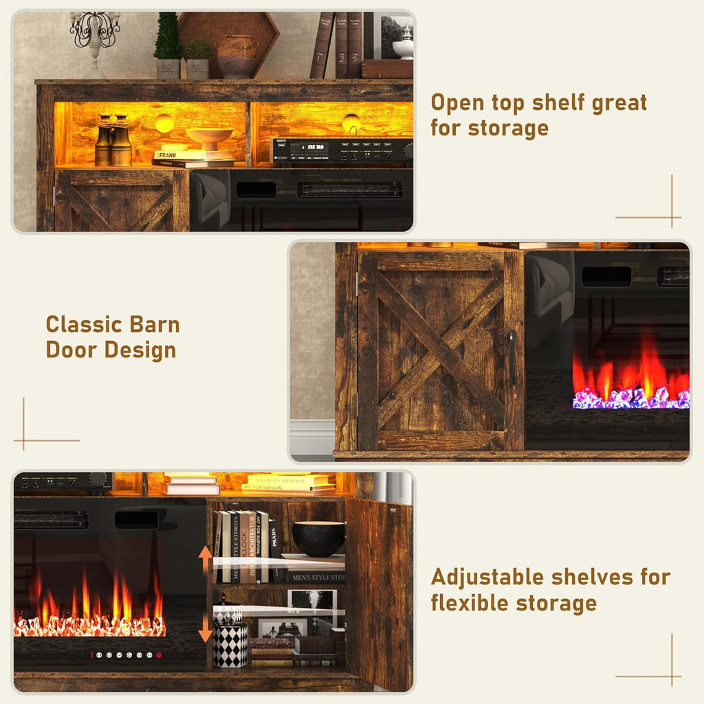 Farmhouse TV Stand with 50" Fireplace for 95" TV, 83" Fireplace Entertainment Center with Barn Doors and LED Light