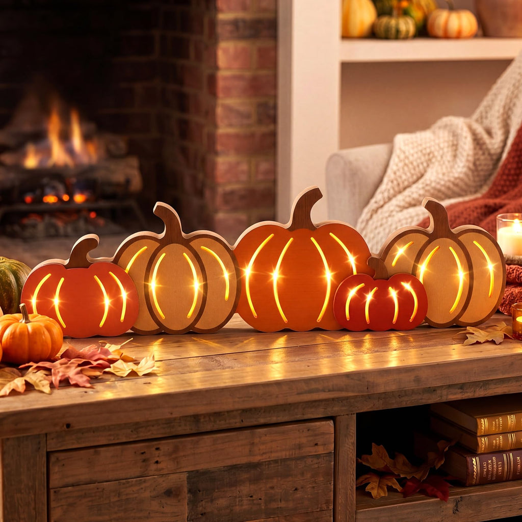 Fall Pumpkin LED Wooden Sign Rustic Wooden Word Sign for Table Home
