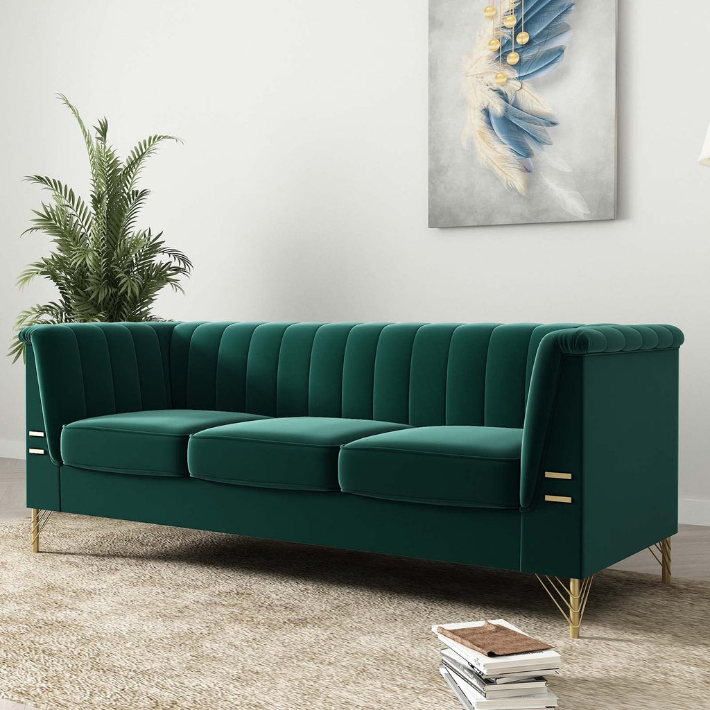 Emerald Green Couch Sofa, 83" Mid-Century Modern Tufted Chesterfield Sofa with Flared Arms and Removable Cushions