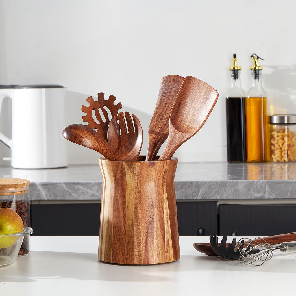 Wooden Utensil Holder for Countertop, 360° Rotating Kitchen Utensil Holder, 7.2"x 6" Large Acacia Wood Crock