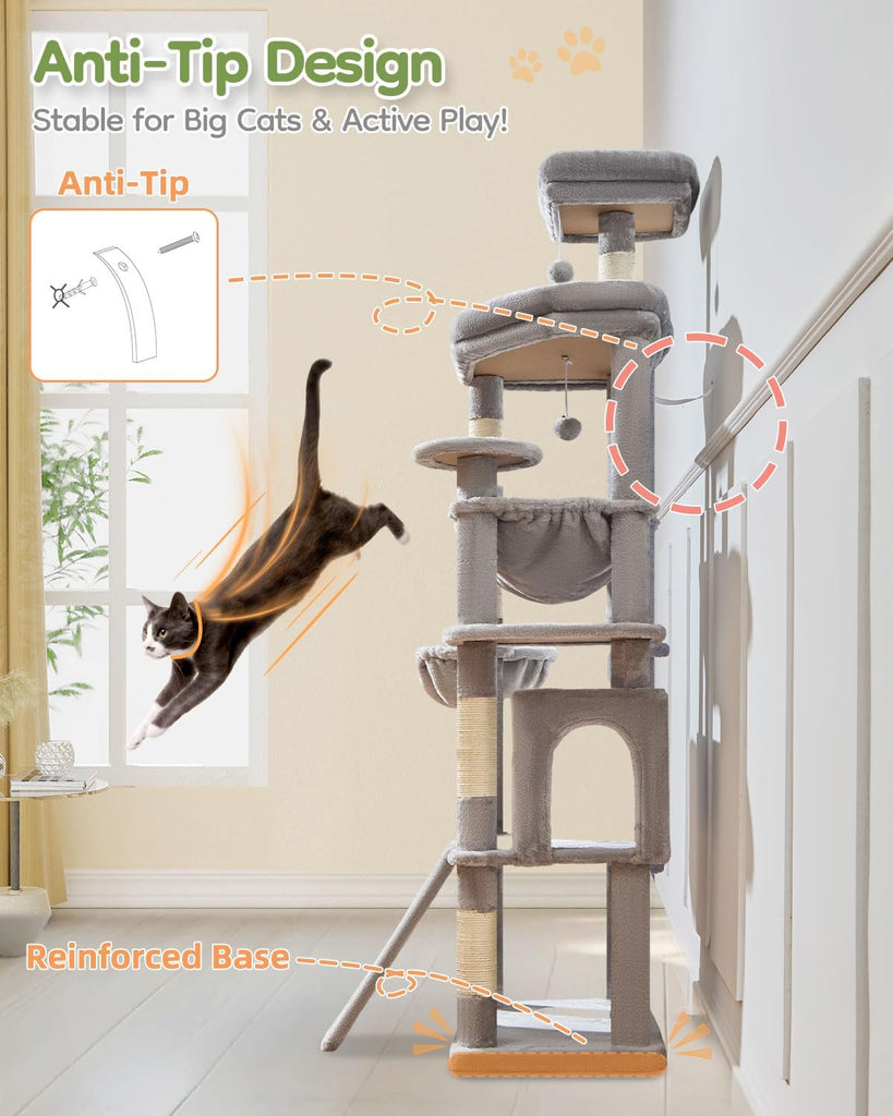 72 Inches Cat Tree for Large Cats, Multi-Level Tall Cat Tower, Widened Cat Condo with Large Scratch Board