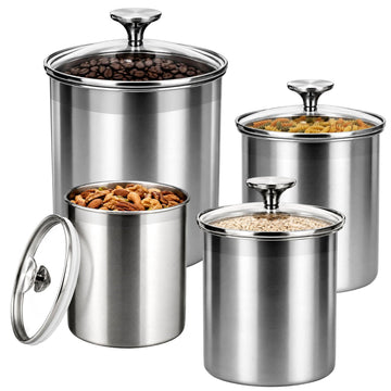 4-Pcs Stainless Steel Airtight Kitchen Canister Set with Glass Lid