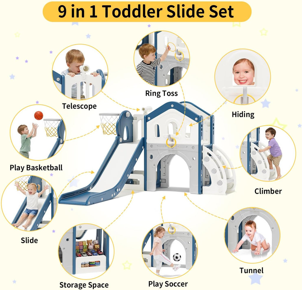 9 in 1 Toddler Slide for Toddlers 1-3 Outdoor Indoor Playset Blue