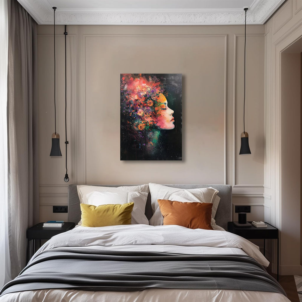 Framed Canvas Wall Art: Beautiful Woman With Colorful Flowers, Abstract Figure Canvas Decorative Painting, 16x24 Inch