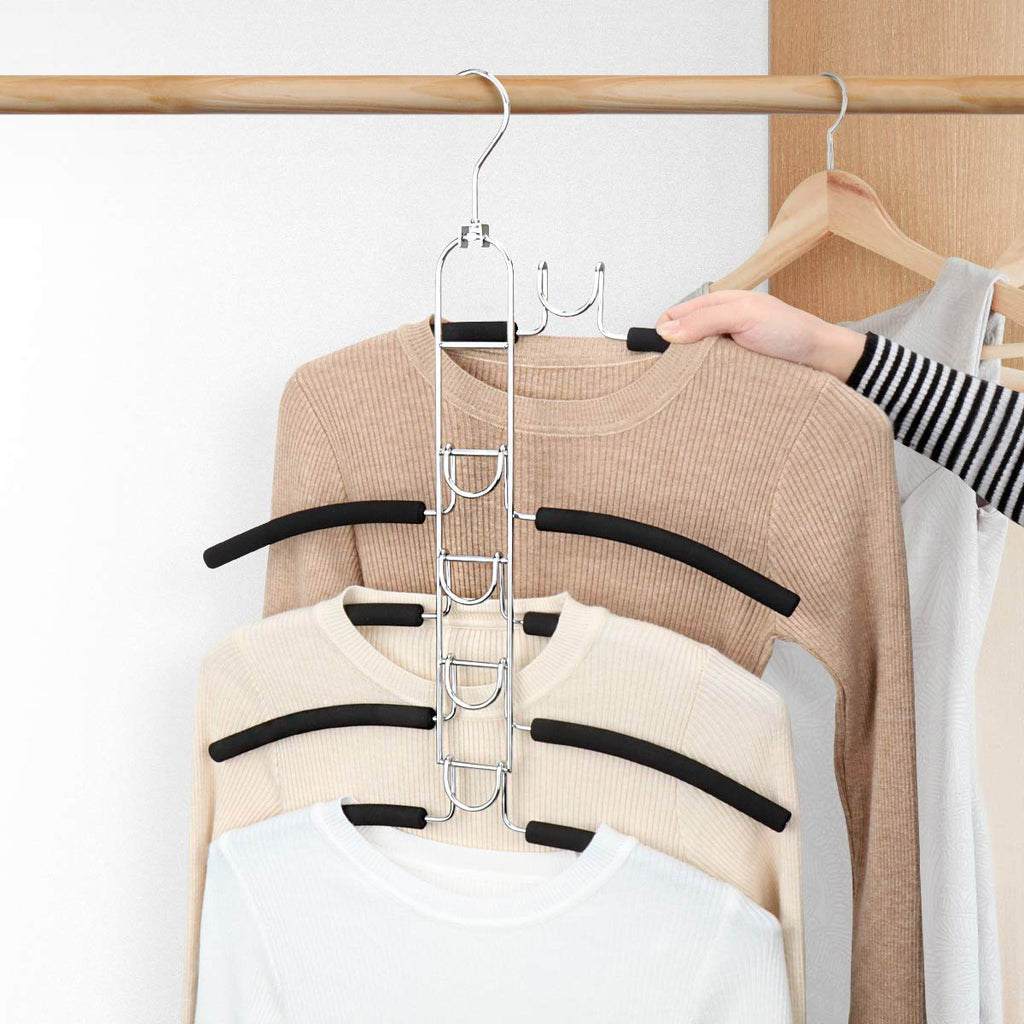 Space Saving Clothes Hangers, Multilayer Metal Hanger 2 Pack 5 in 1 Space Saver Coat Hangers, Anti-Slip Foam Padded