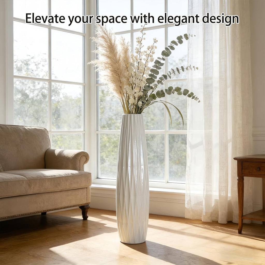 White Tall Ceramic Floor Vase, 35.4 Inch, Ribbed Design, Large Decor | Glossy Glazed Finish, Spacious Rooms