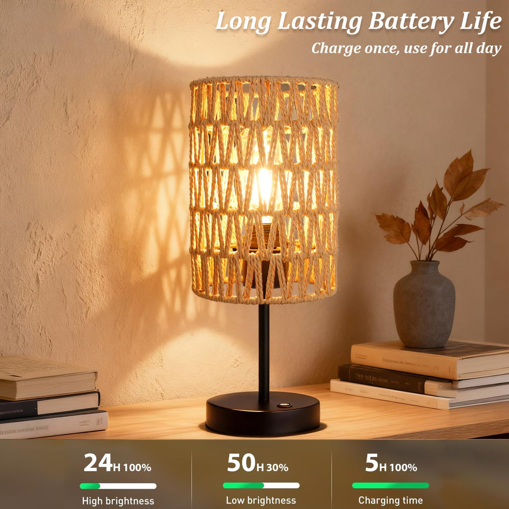 Rechargeable Outdoor Table Lamps, Rattan Boho Cordless Battery Operated Table Lamps, Patio Lamp, Balcony, Bedside