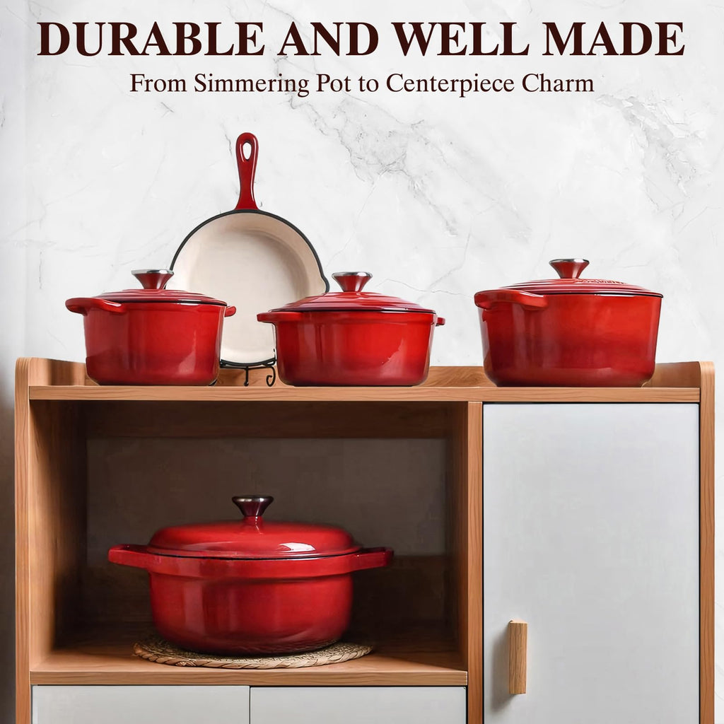 7QT Enameled Cast Iron Dutch Oven with Lid & Cotton Potholders-Heavy-Duty Cookware for Bread Baking, Braising, Stews