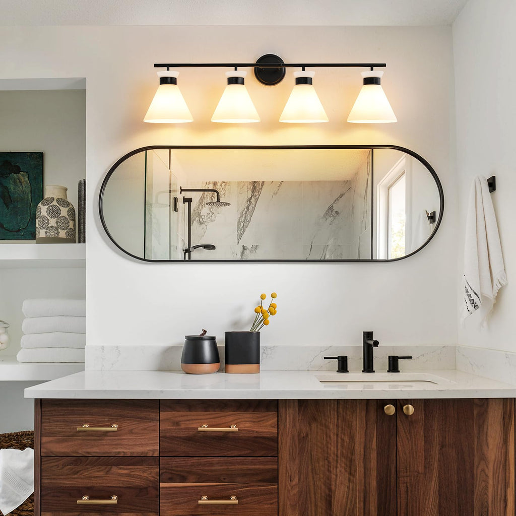 Black Bathroom Vanity Light Fixtures: Bathroom Lighting Fixtures over Mirror 36 inch with Milky White Frosted Glass