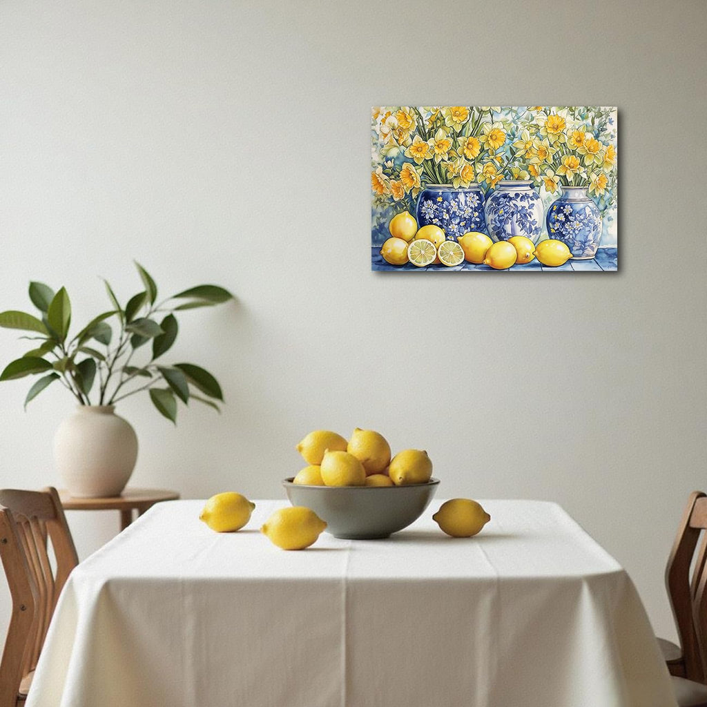 Lemon Wall Art Kitchen Pictures Yellow Lemon and Blue Pottery on Table Painting Vintage Citrus Fruit Canvas Print