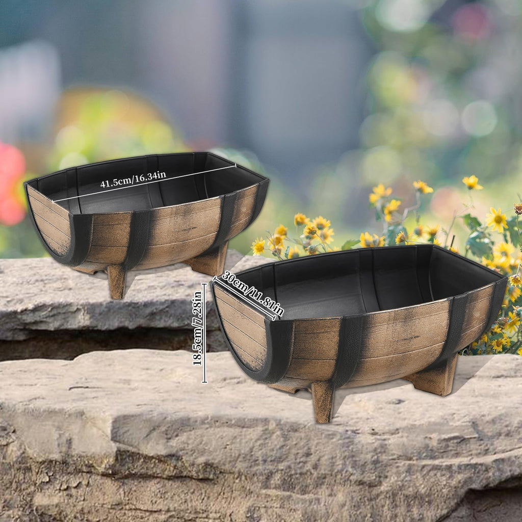 YI 2 Pack Rustic Half Barrel Planters, 16.34x11.81x7.28 Inches Plastic Weather Resistant Plant Flower Pot Indoor &
