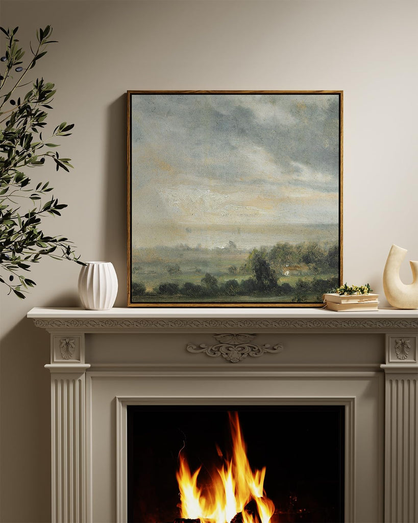 Square Framed Canvas Wall Art, Landscape Scenery Sky Cloud Grassland Canvas Oil Paintings Home Decor, Wall Art Prints