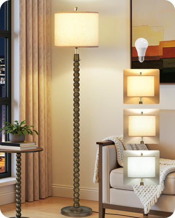 65" Solid Wood Beaded Floor Lamp with Pull Chain Switch, 3CCT, Walnut Green