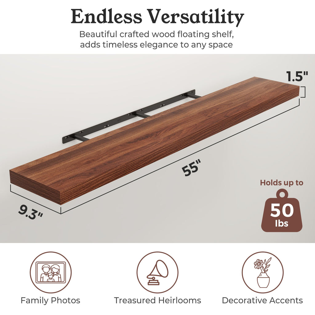 48" Walnut Floating Shelves Wood Wall Shelf, Walnut Color, Set of 1