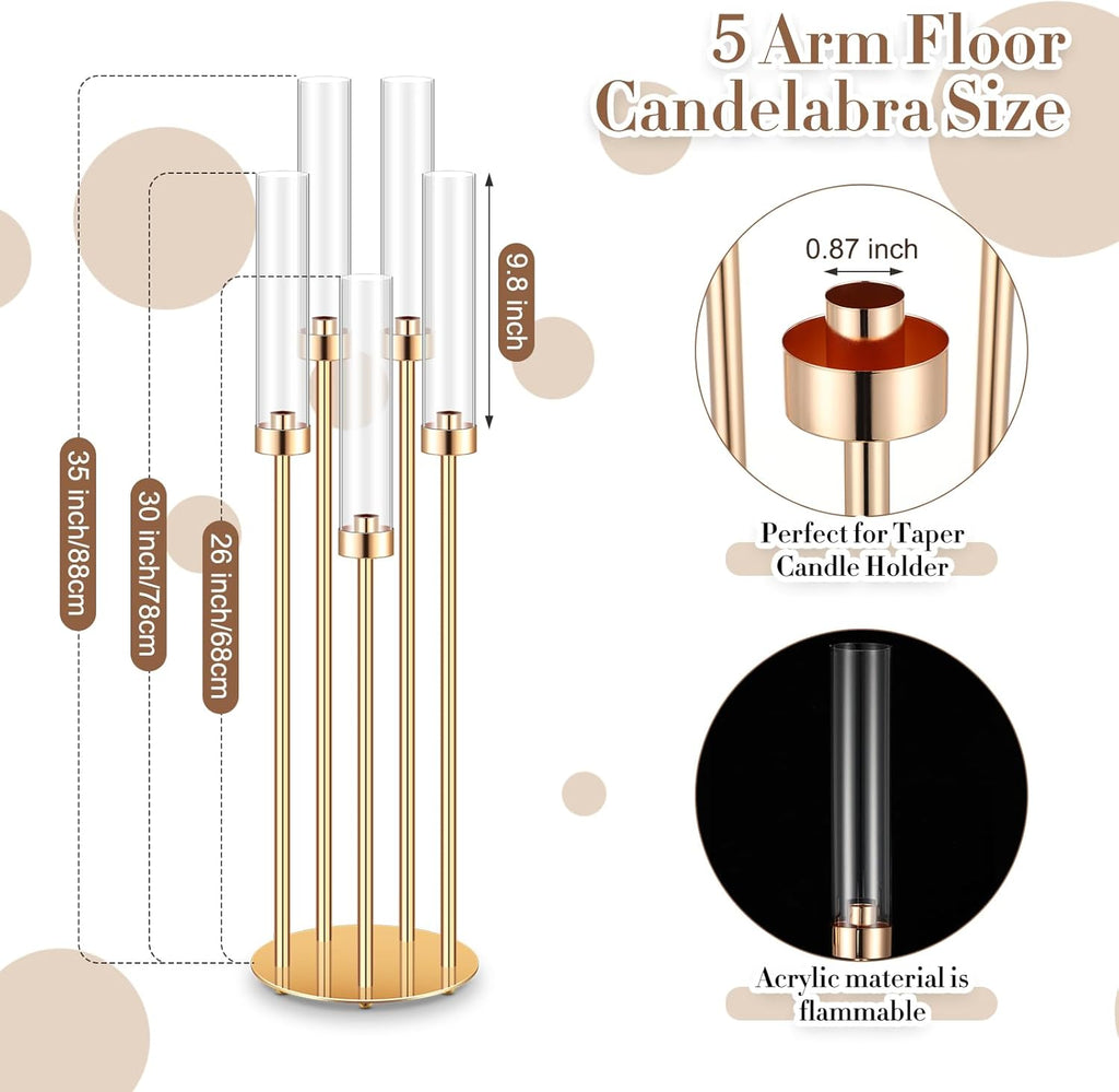 4 Pcs Acrylic Candelabra Centerpieces 35" Tall Clear Candle Holders Pillar Taper Candlestick with Lampshades 5 Arm