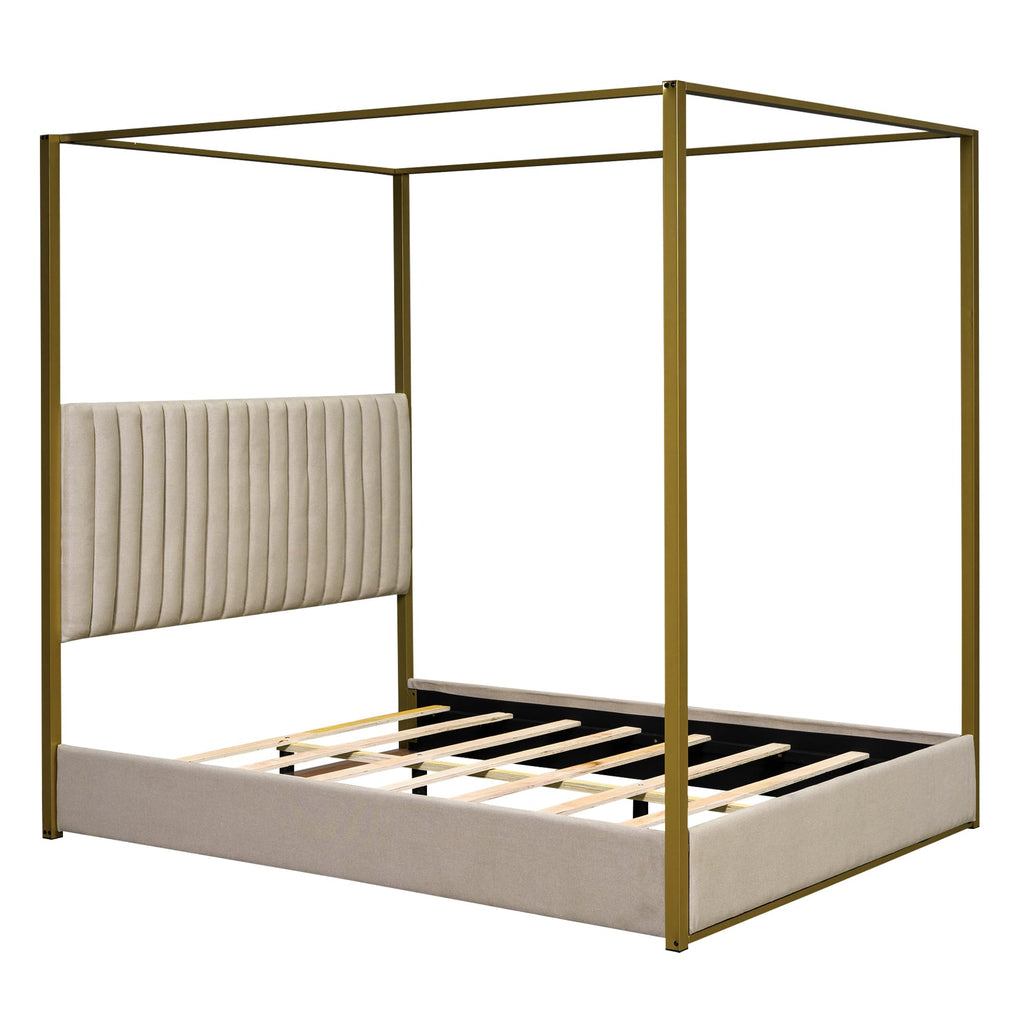 Modern 4-Poster Canopy Platform Bed Queen Size with Channel Upholstery Tufted Headboard, Gold Metal Canopied Design