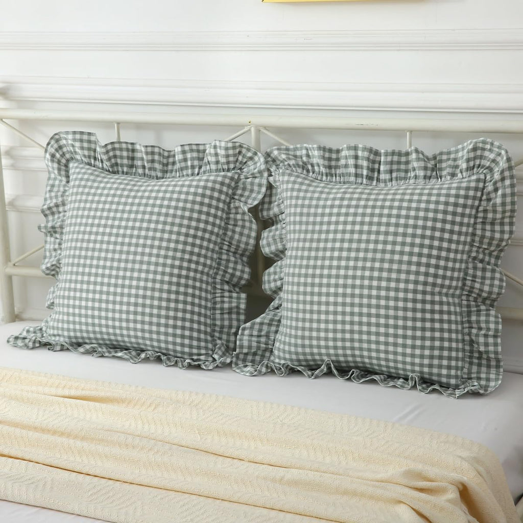 Dusty Green Gingham Plaid Ruffle Throw Pillow Covers 20"x20"