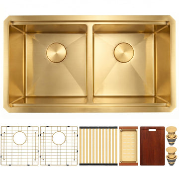 Gold Double Bowl Kitchen Sink, 30x18 Inch T304 Stainless Steel Undermount Workstation Sink, 50/50 Double Bowl 10 Inch