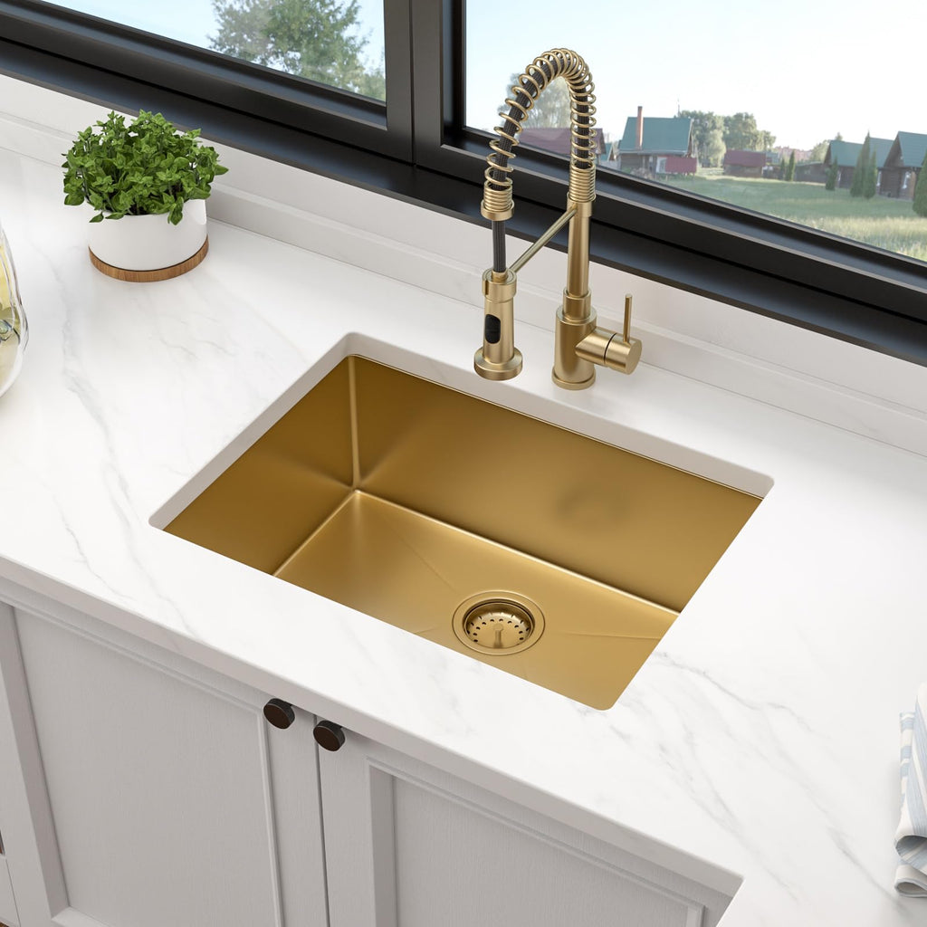 24 Gold Stainless Steel Undermount Kitchen Bar Sink with Offset