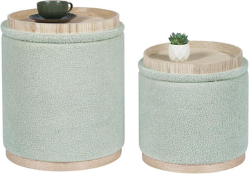 Round Ottoman with Storage Set of 2, Storage Ottoman with Tray, Teddy Velvet Ottoman Storage Modern Multifunctional