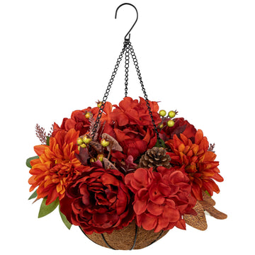 13" Fall Hanging Baskets Medium Peonies Dahlia Artificial Fall Hanging Decor Fake Flower Red Orange Faux Plants