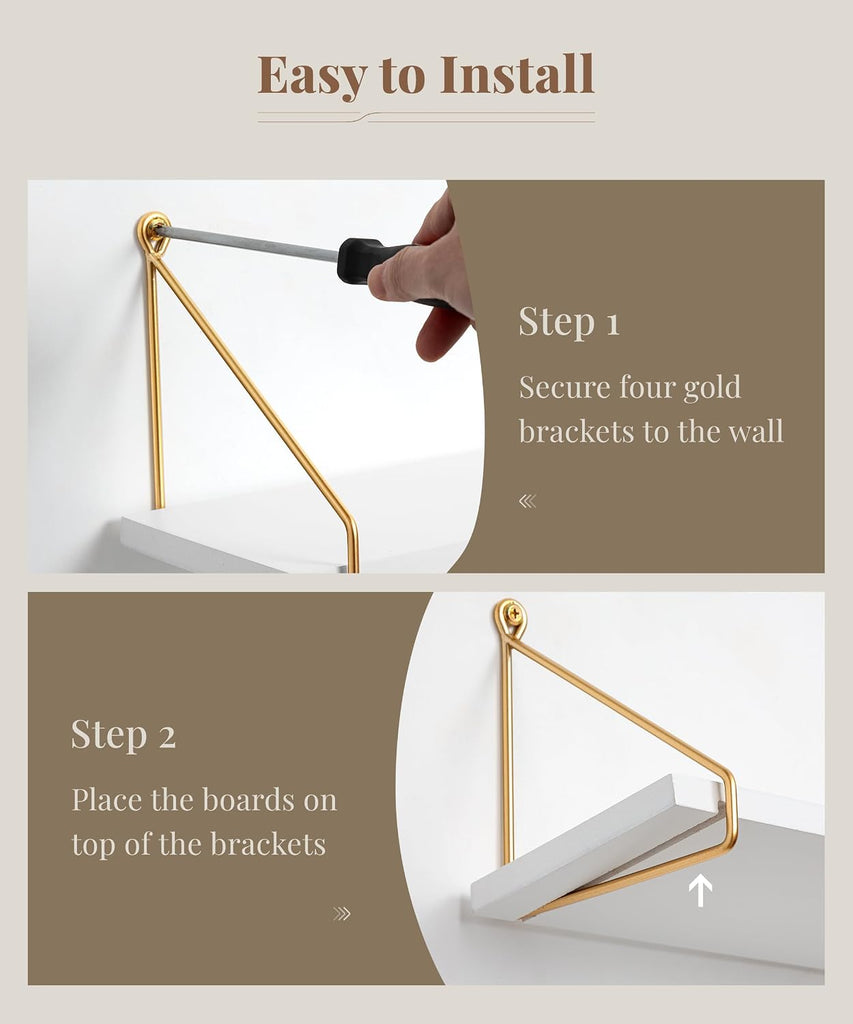 Floating Shelves for Wall, White and Gold Shelf, Display Wall Shelves | Hanging Bookshelf with Bracket, Solid Wood