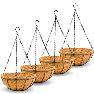 14 inch Metal Hanging Baskets For Plants Outdoor 4 Pack Round Metal Wire Hanging Basket Planter with Coco Fiber