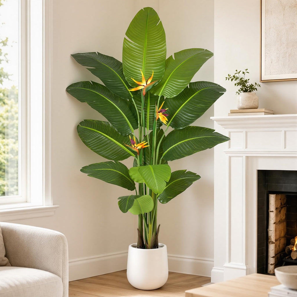 Bird of Paradise Artificial Plant in White Pot, 6ft Tall Faux Banana Leaf Tree with 3 Tropical Bird Flowers & 13