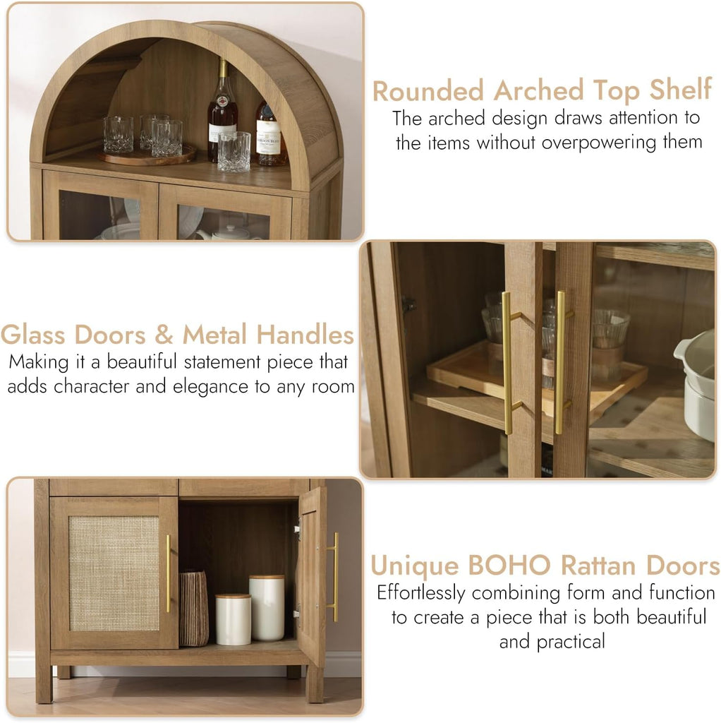 71" Tall Arched Display Cabinet, 5-Tier Bookshelf Modern Farmhouse Arched Bookcase with Glass Doors and Shelves